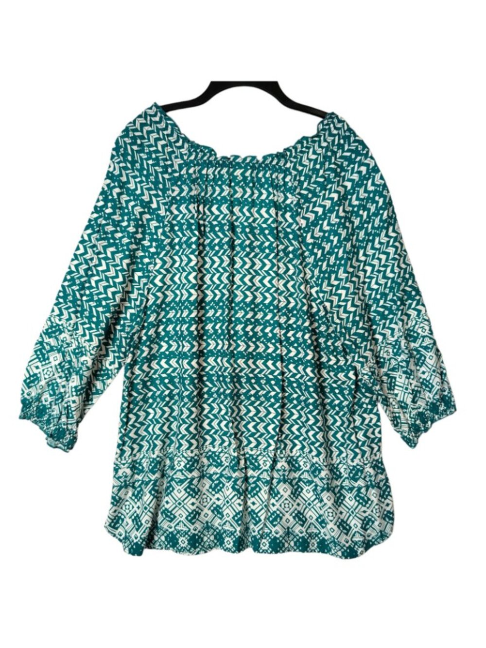 Teal White Tassle Peasant Top 3/4 Sleeve Rayon Tunic Blouse Women's 2X 18-20 - Picture 3 of 7